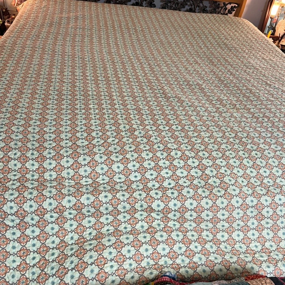 Floral Medallion Reversible Quilt Set Terracotta Teal Cream 3‎ Piece Bedding Set